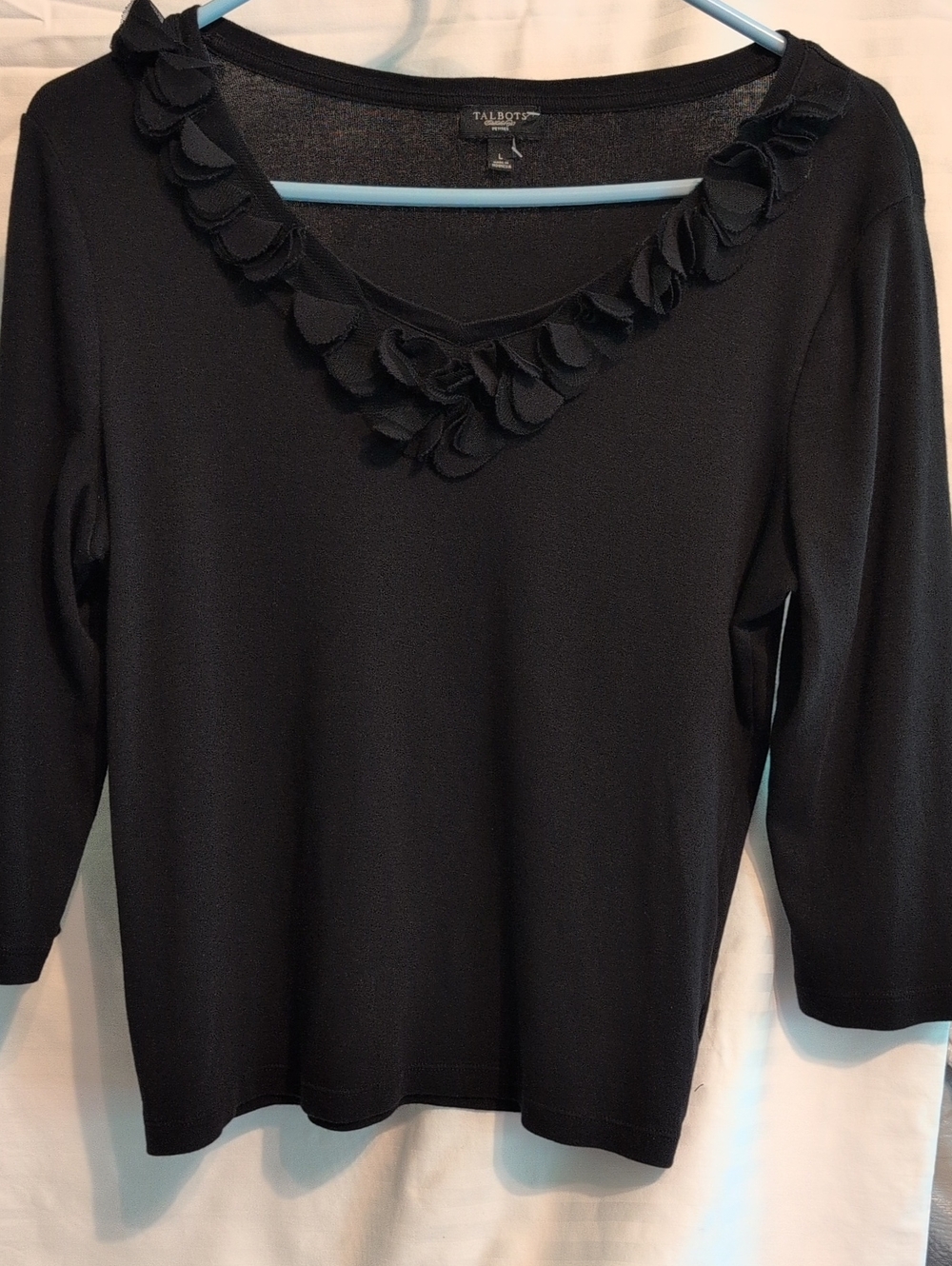 Talbots Black V-Neck Ruffle Trim Knit Top